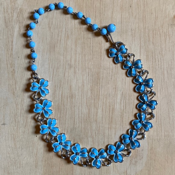 Coro Jewelry - Vintage Coro Mid Century Silver Tone Metal Light Blue Flower Choker Necklace